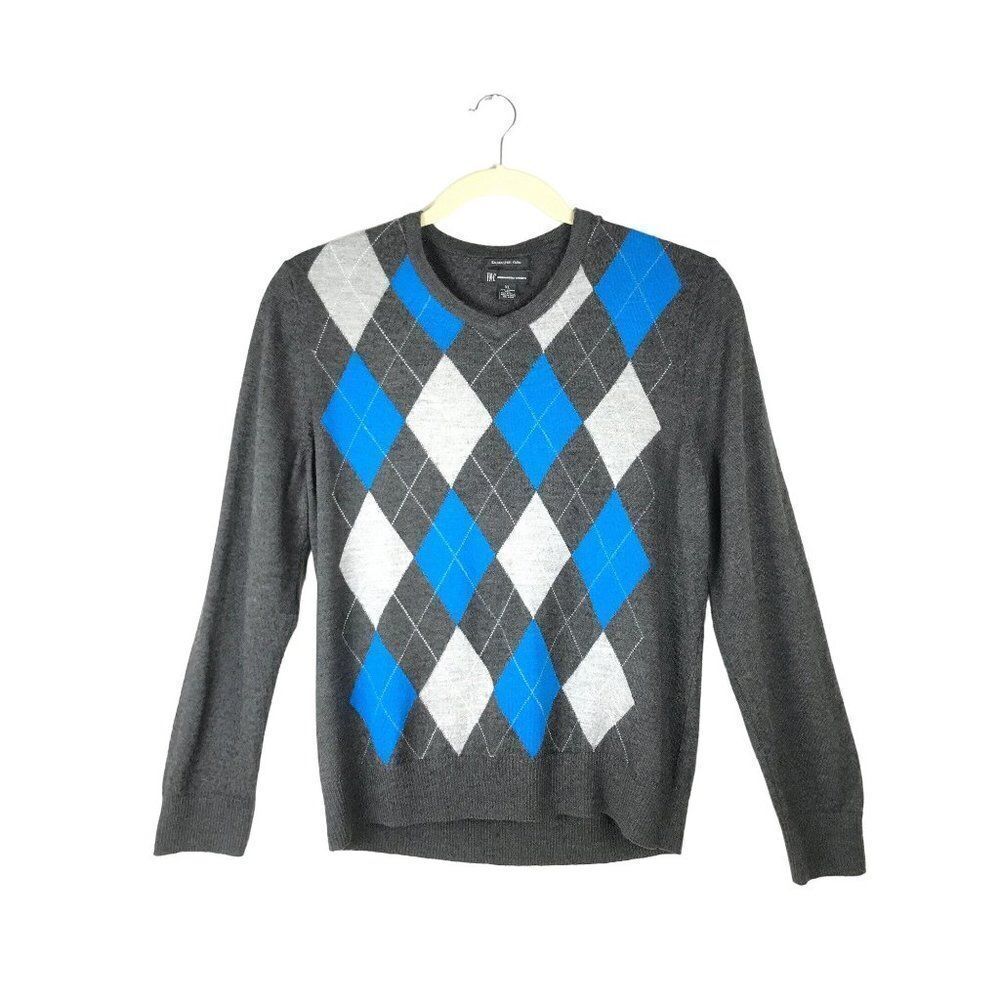 INC Gray Long Sleeve Marino Wool Blend Argyle Sweater Size X-Large